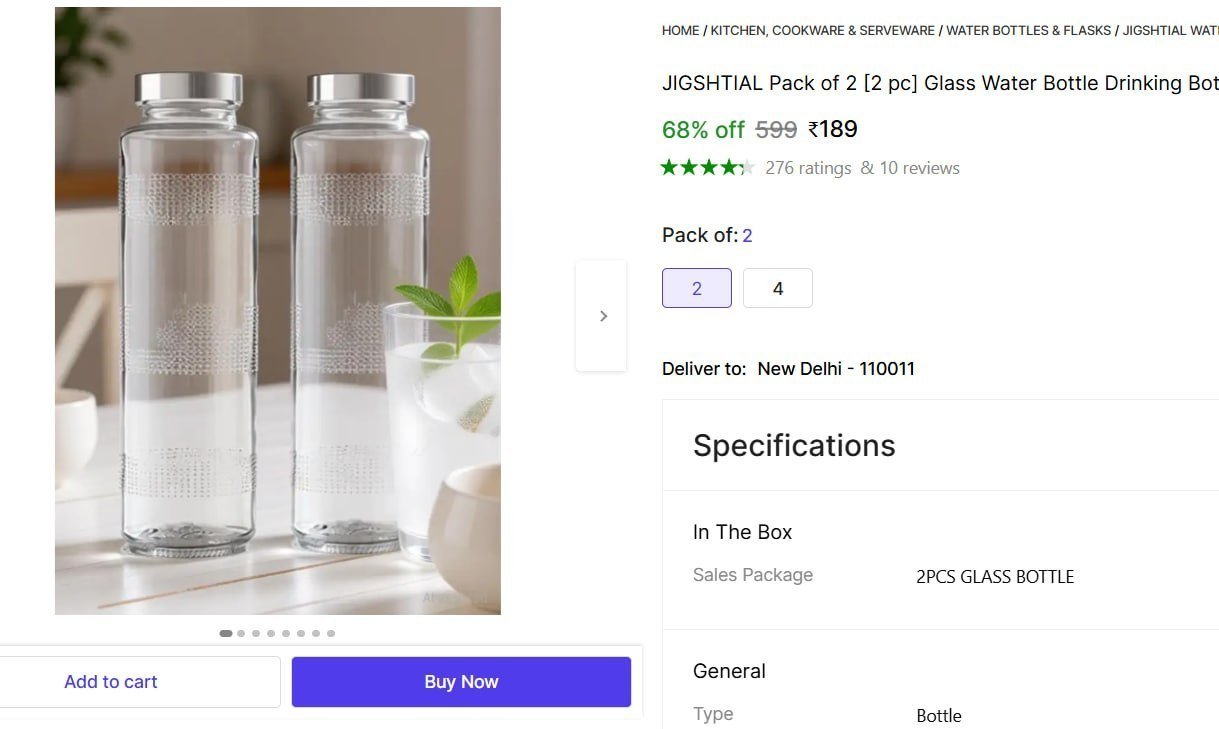 2 Pcs Glass Water Bottle With Steel Lid 189