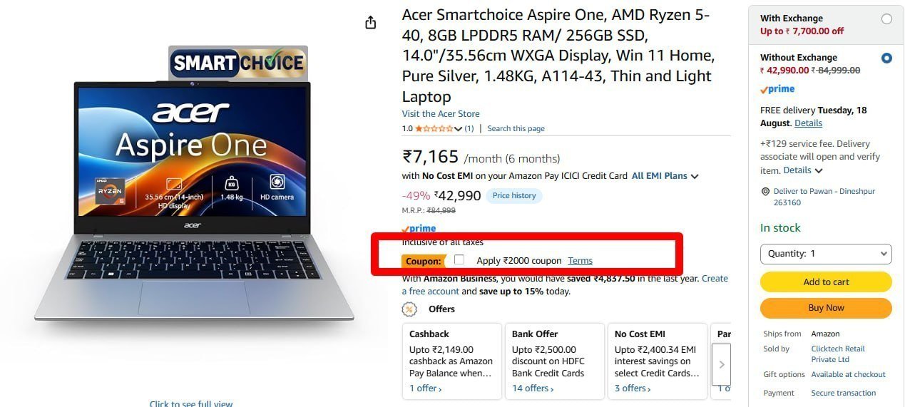 Acer Smartchoice Aspire One Amd Ryzen 5-40 35 Pay 