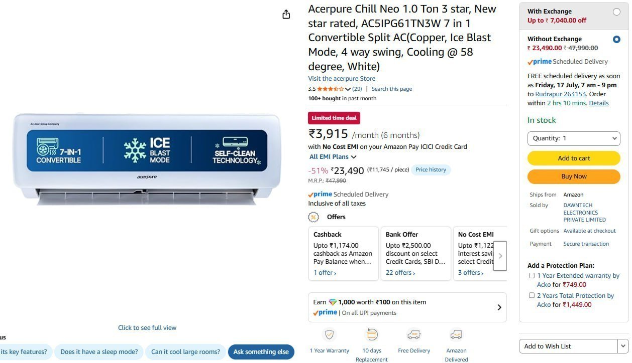 Acerpure 1 0 Ton 3 Star Split Ac 23490