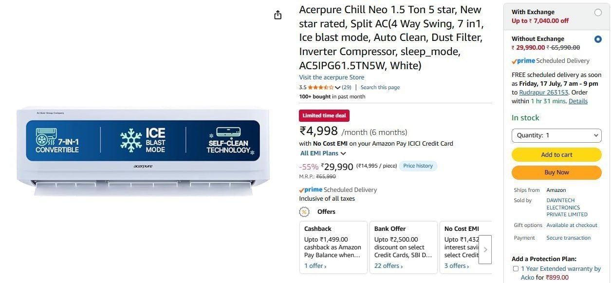 Acerpure 1 5 Ton 5 Star Split Ac 29990