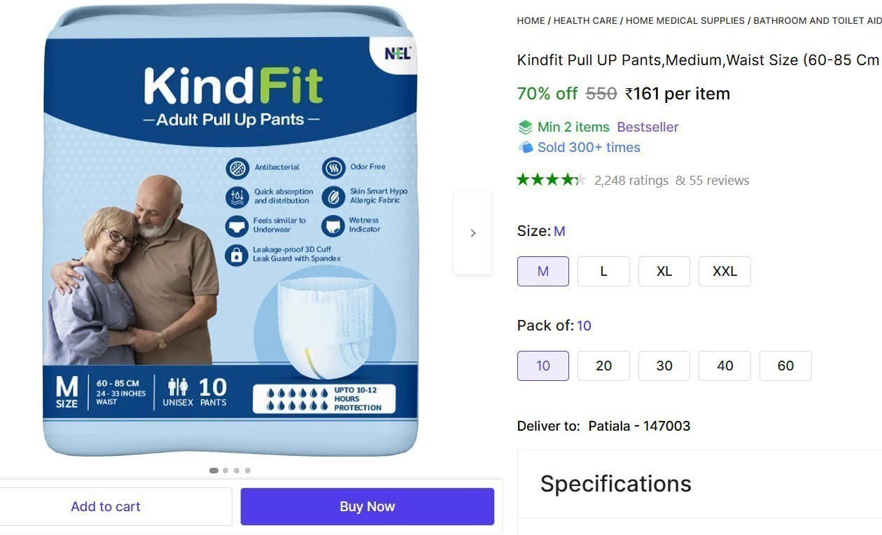 Adult Diapers - M (10 Pieces) 161 Min 2 Qty