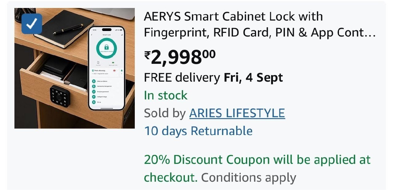 Aerys Drawer Smart Lock With Fingerprint At 20