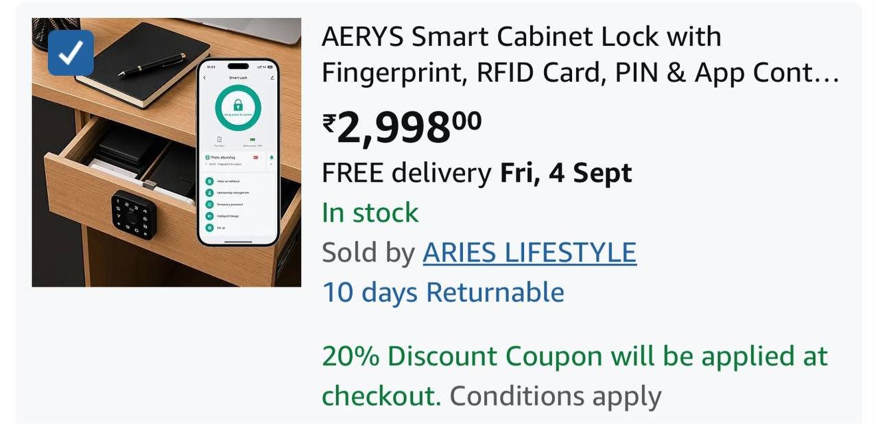 Aerys Drawer Smart Lock With Fingerprint At 2399 2