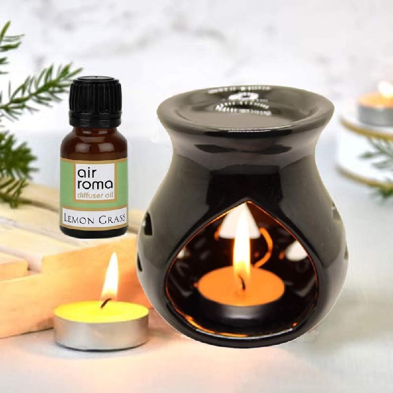 Air-roma Air Roma Ceramic Aroma Black Diffuser Burner With 10ml Lemon Grass