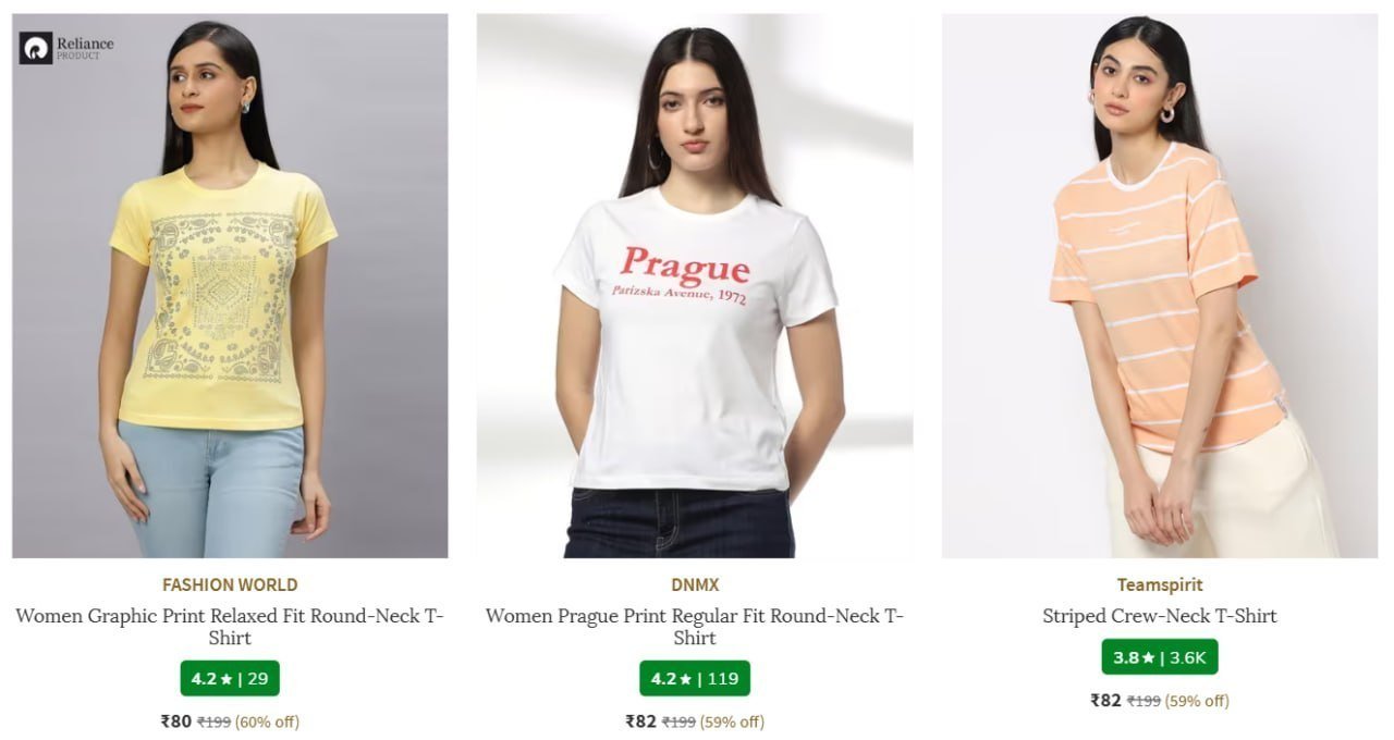 Ajio T-shirts Starts 80 Men Women Jeans Starts 208