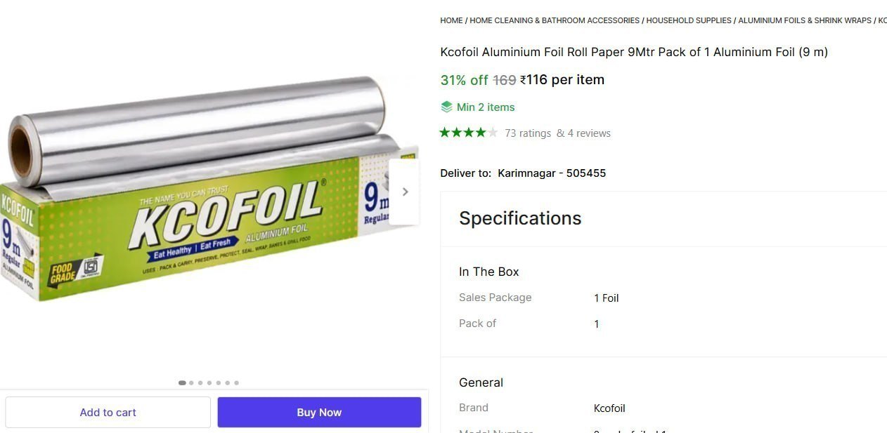 Aluminum Foil Roll Paper 9 Mtr 116