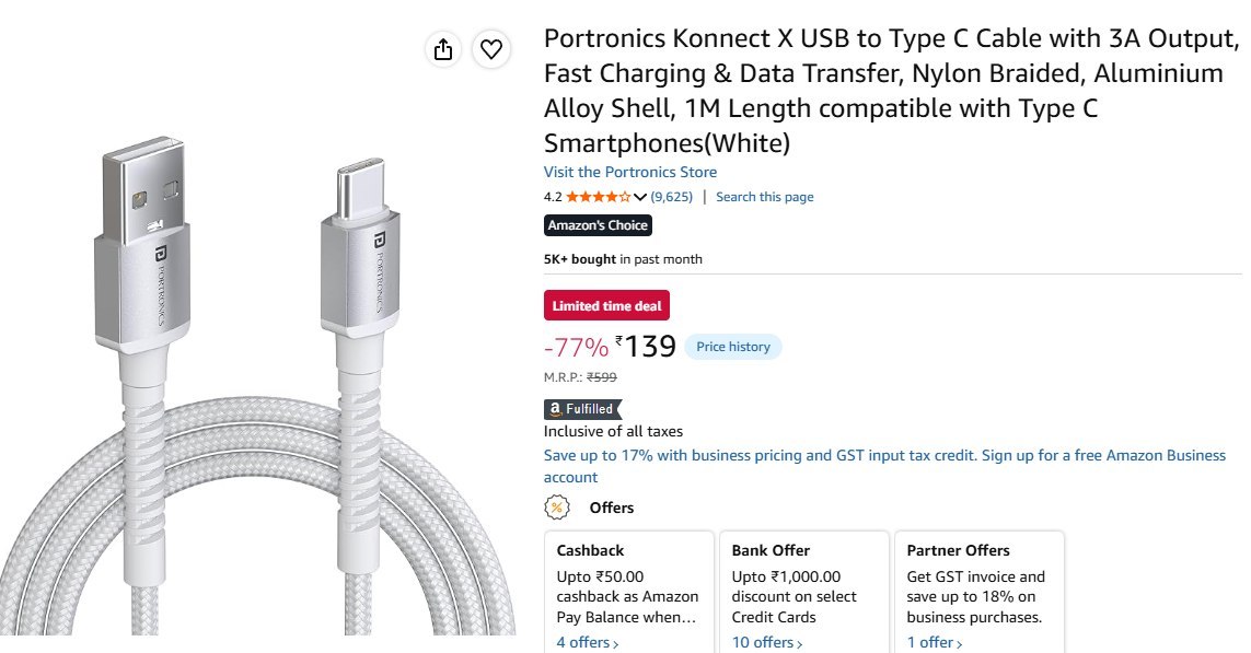 Amazon 77 On Portronics Konnect X Usb To Type C Ca