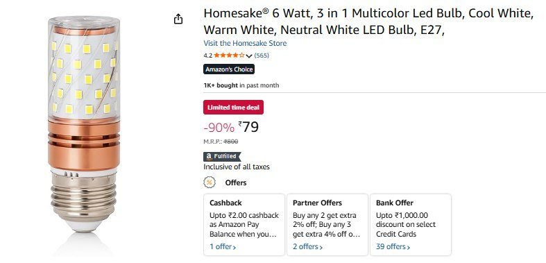 Amazon 90 On Homesake 6 Watt 3 In 1 Multicolor Led