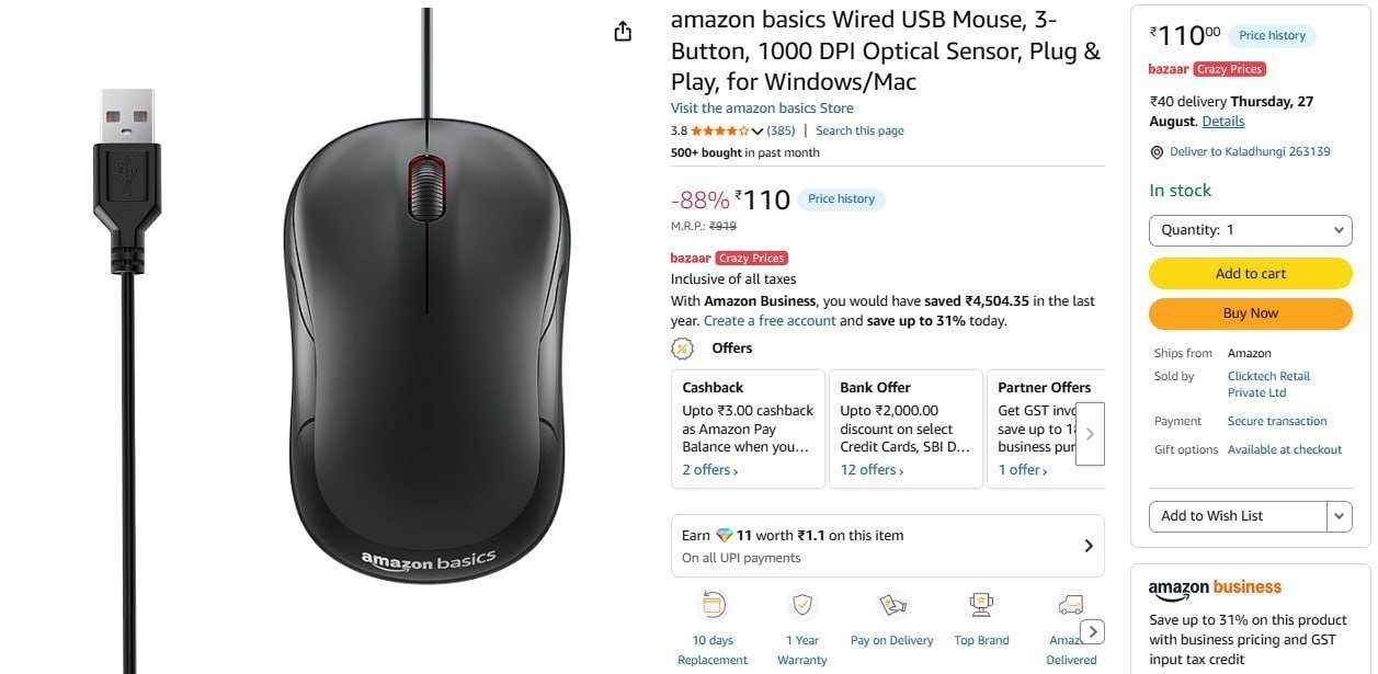 Amazon Basics Wired Usb Mouse 110