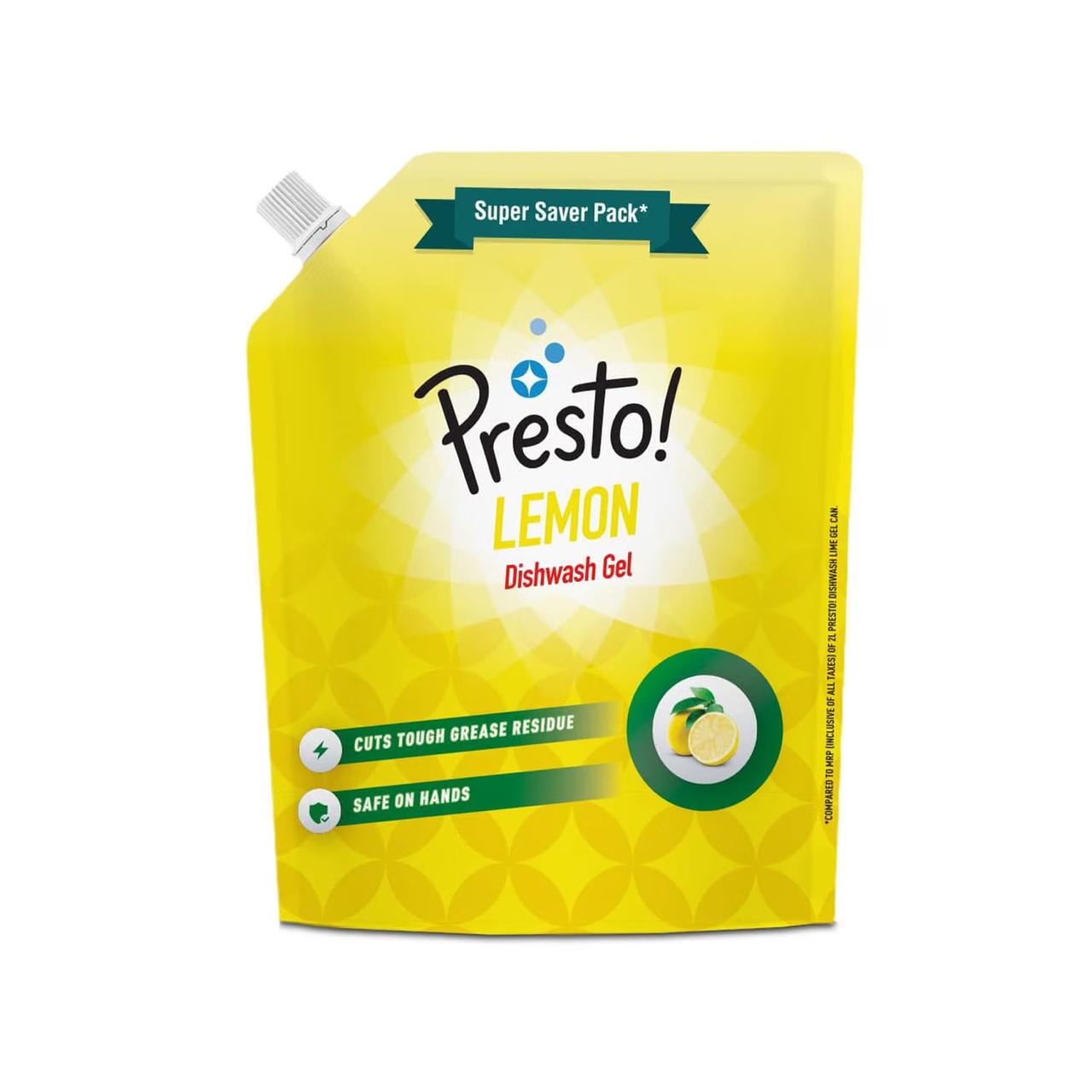 Amazon Brand - Presto Dishwash Gel Refill Pouch Lemon 2 Litre 239