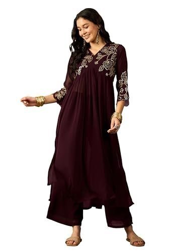 Amazon Brand - Tavasya Brown Georgette Zari S