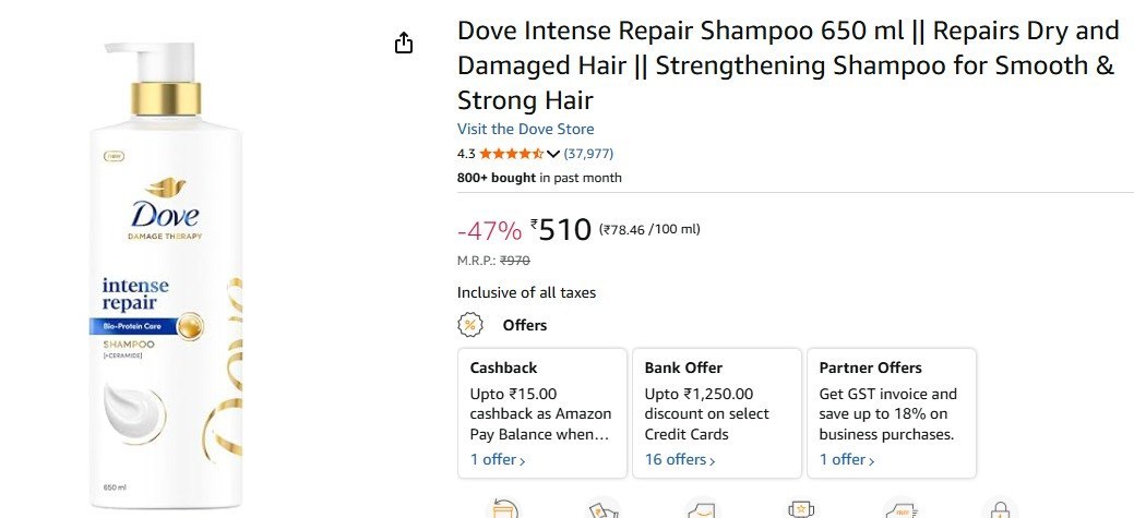 Amazon Dove Intense Repair Shampoo 650 Ml 510