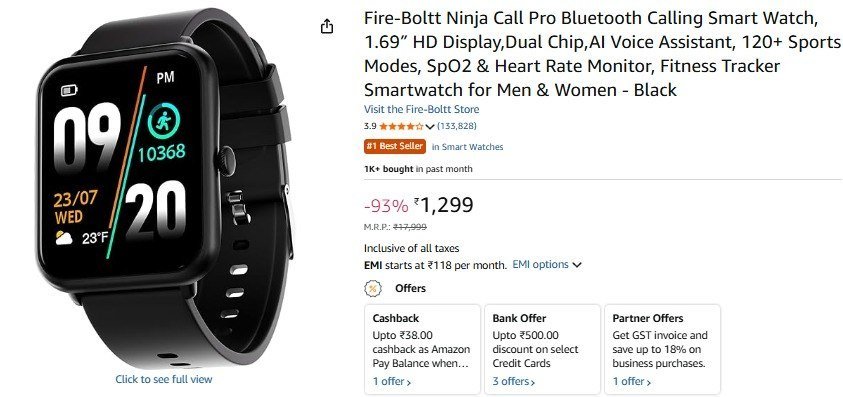 Amazon Fire Boltt Smartwatch At 93 Link