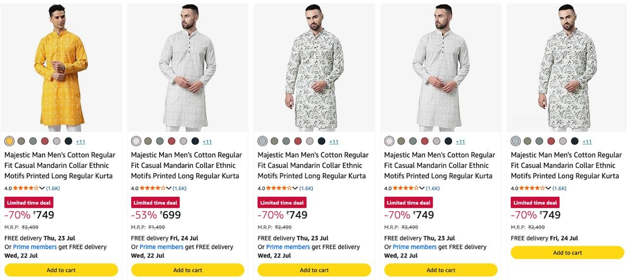 Amazon Majestic Man Kurta Sale Up To 70 Starting F