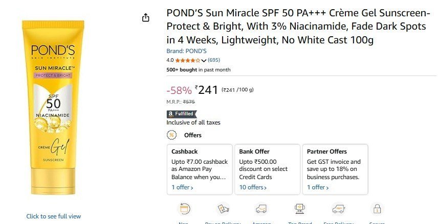 Amazon Ponds Sun Miracle Spf 50 Pa Sunscreen 100g 241