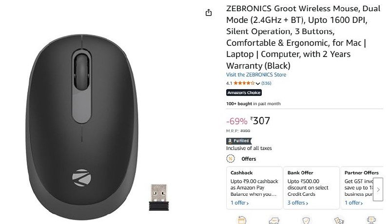 Amazon Zebronics Groot Wireless Mouse 307