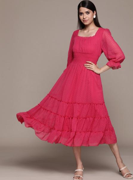 Antheaa Fuchsia Solid Chiffon Smocked Tiered Midi 