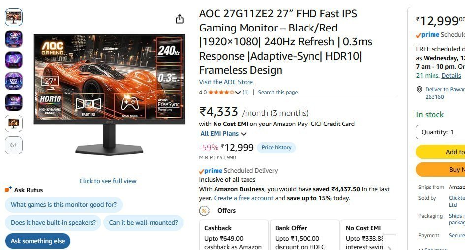 Aoc 27g11ze2 27 Fhd Fast Ips Gaming Monitor Black 
