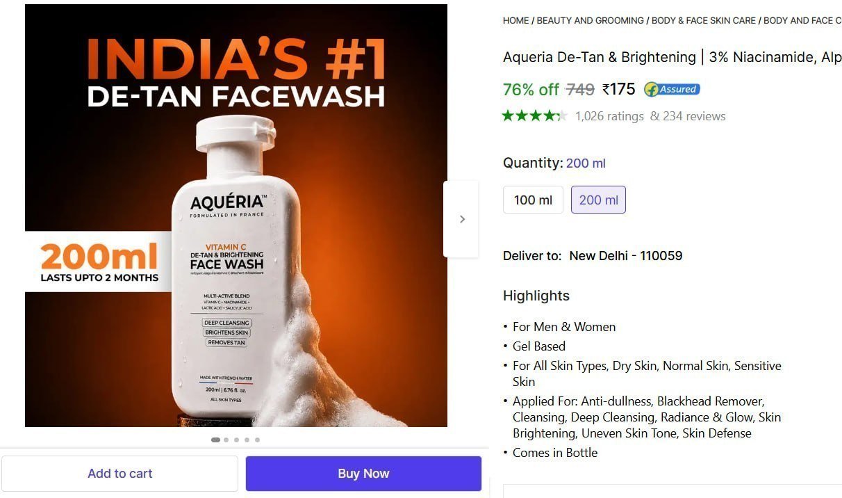 Aqueria De-tan Brightening Face Wash (200 Ml)