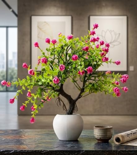 Artificial Pink Flower Bonsai Plant In White 