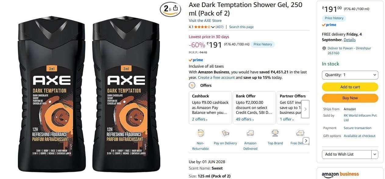 Axe Dark Temptation Shower Gel 250 Ml (pack O