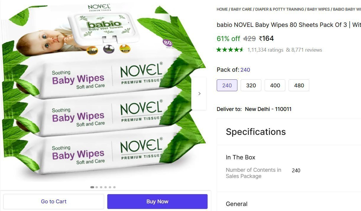 Baby Wipes 80 Sheets Pack Of 3 With Lid (240 