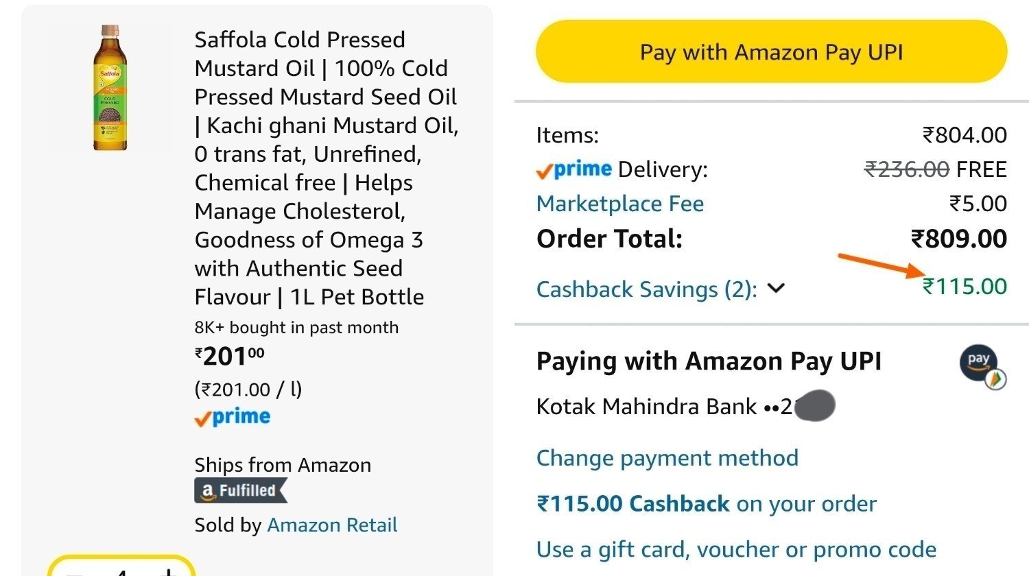 Back Saffola Gold Kachi Ghani Mustard Oil 4 Ltr 69