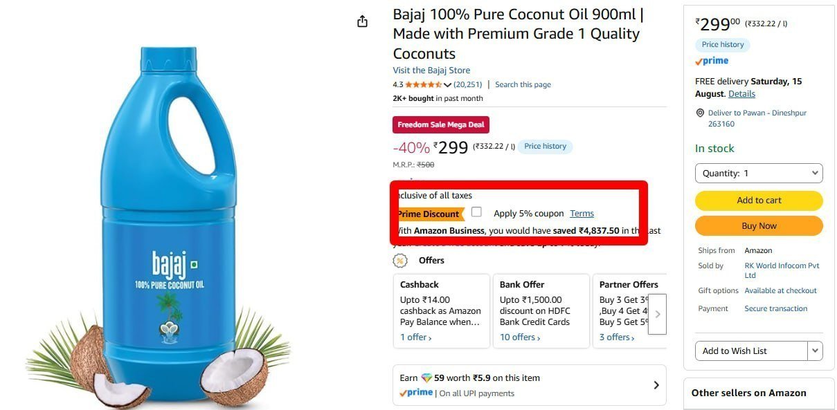 Bajaj 100 Pure Coconut Oil 900ml 299