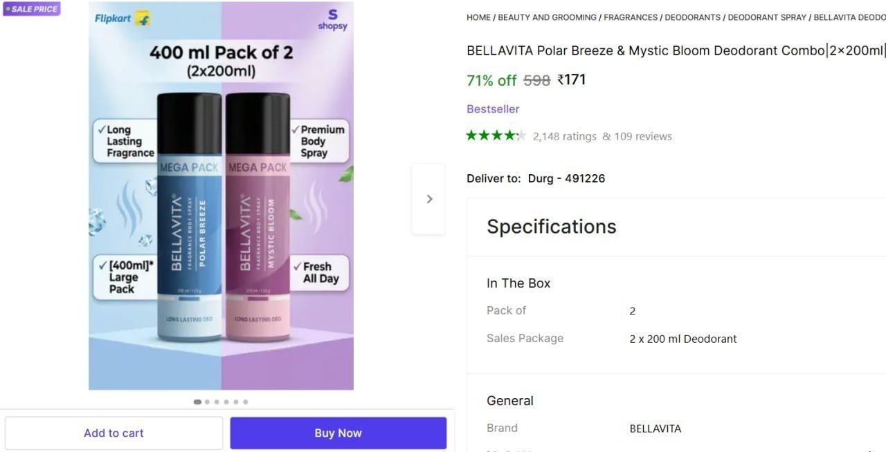 Bellavita Deodorant Spray (400 Ml Pack Of 2) 171