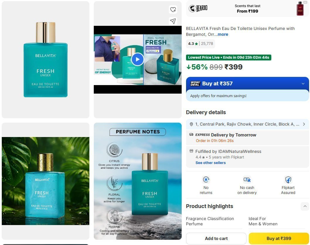 Bellavita Fresh Unisex Perfume 100ml 399