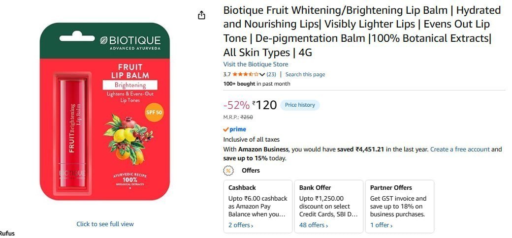 Biotique Fruit Whitening Brightening Lip Balm