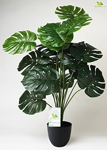 Blooming Floret Artificial Monstera Plant With Basic Black Pot 18 Green Lea