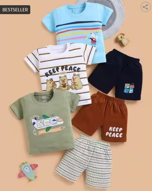 Blushh Berry Boys Printed Set Of 3 Shorts T-shirt 