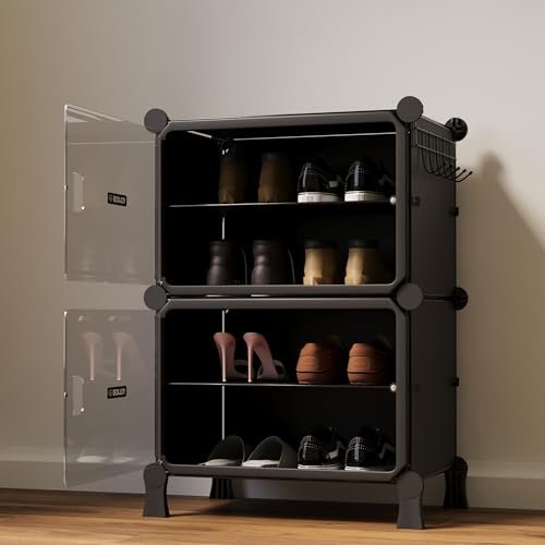 Boxjoy 4 Shelf Black Shoe Rack With 2 Transpa