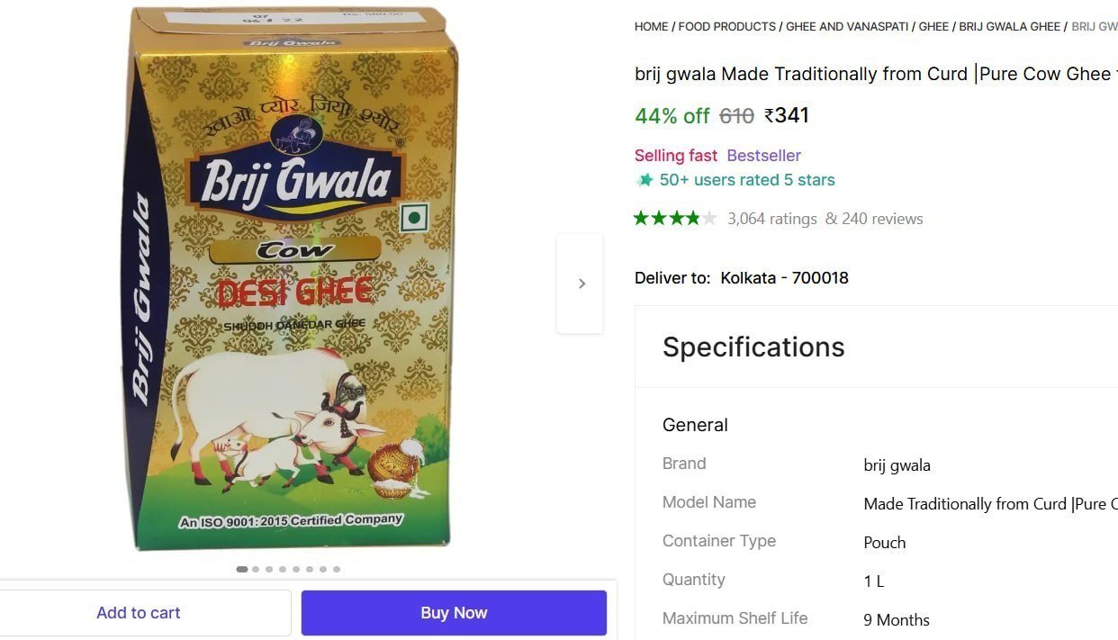 Brij Gwala Pure Cow Ghee 1 L 341