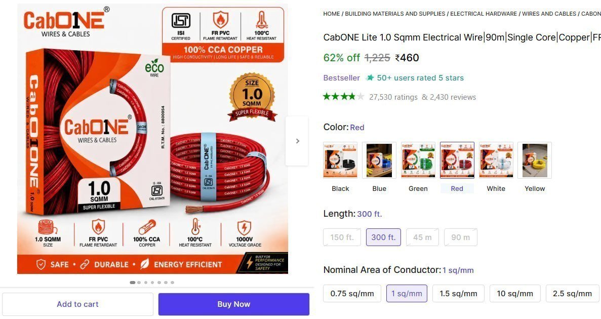 Cabone Lite 1 Sqmm Electrical Wire 90m 460