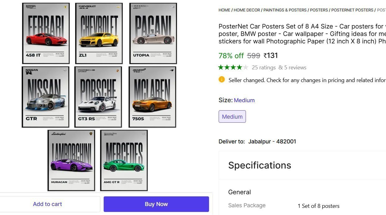 Car Posters Set Of 8 A4 Size 131