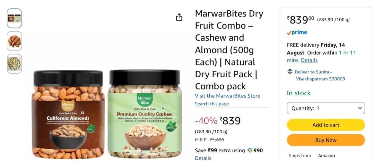 Cashew And Almonds (1kg 500gm X 2) Combo Pack