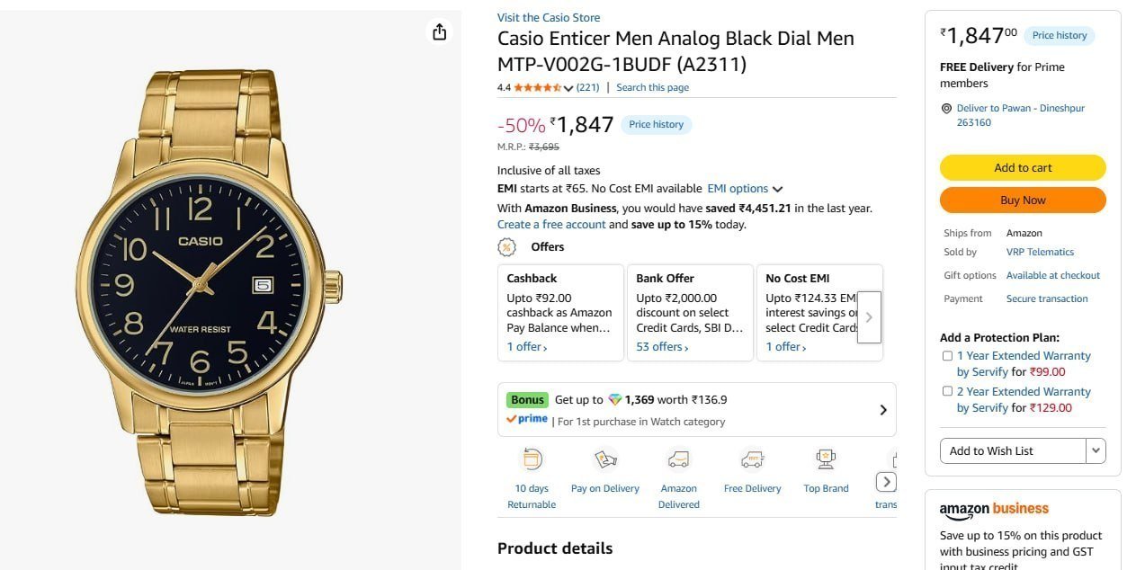 Casio Enticer Men Analog Black Dial Men Mtp-v