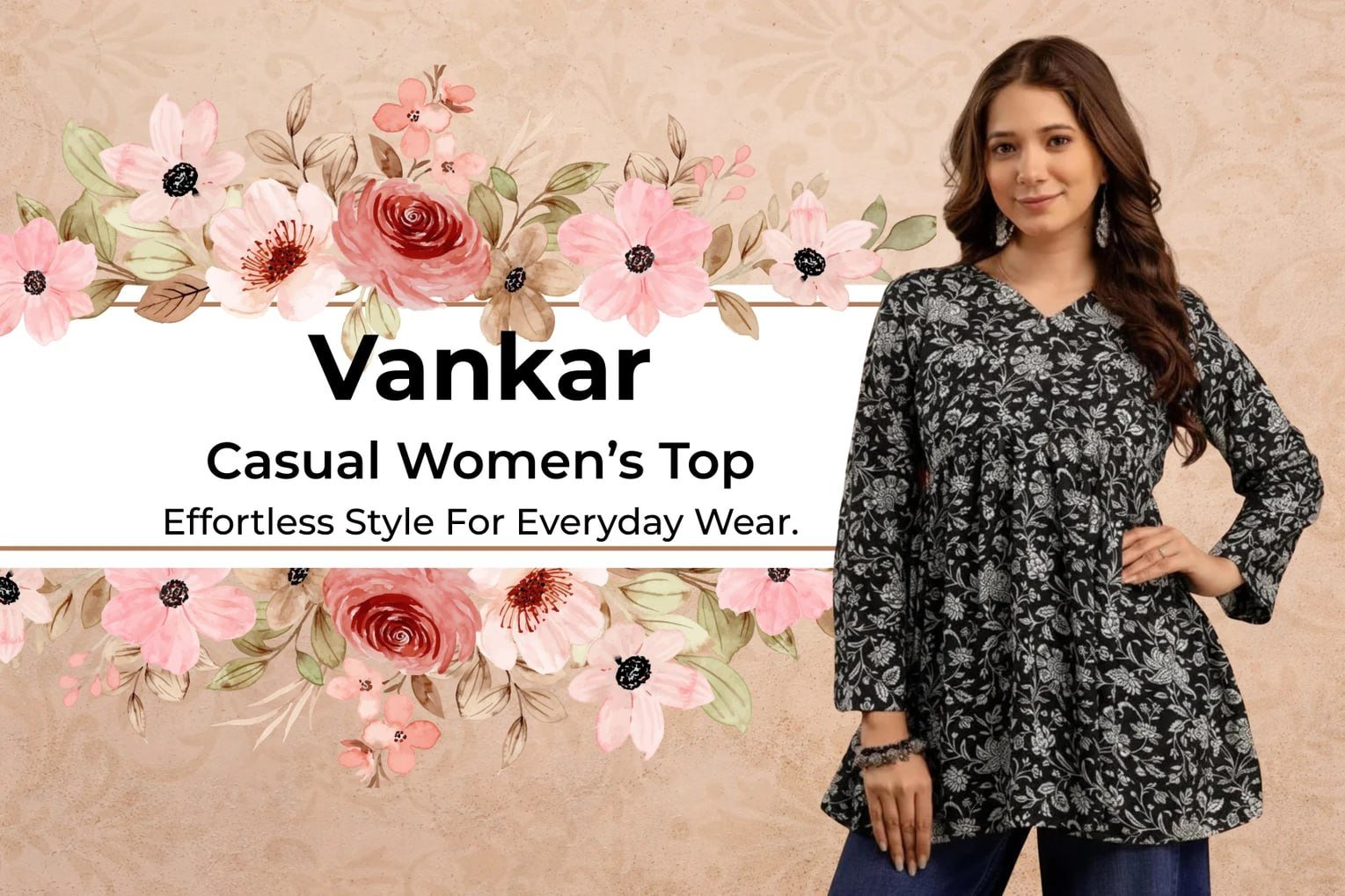 Casual Floral Print Women Black Top 201