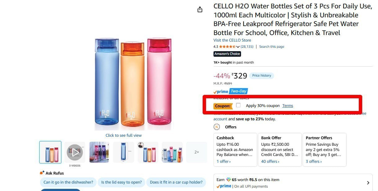 Cello H2o Water Bottles Set Of 3 Pcs 230 30