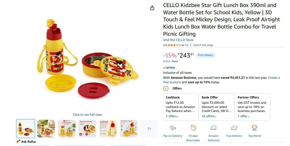 Cello Lunch Box 390ml Water Bottle Set 243