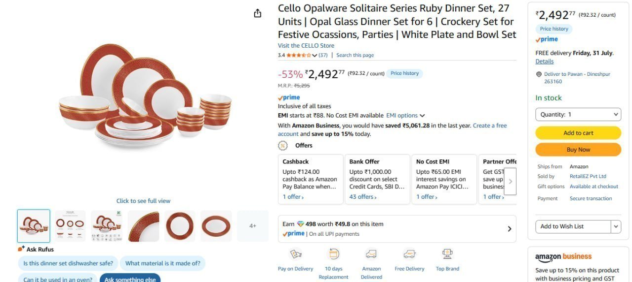 Cello Opalware Solitaire Series Ruby Dinner Set Of