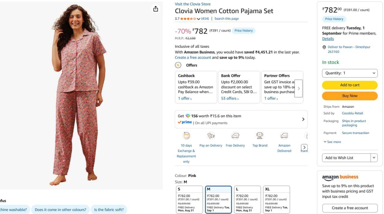 Clovia Women Cotton Pajama Set 782
