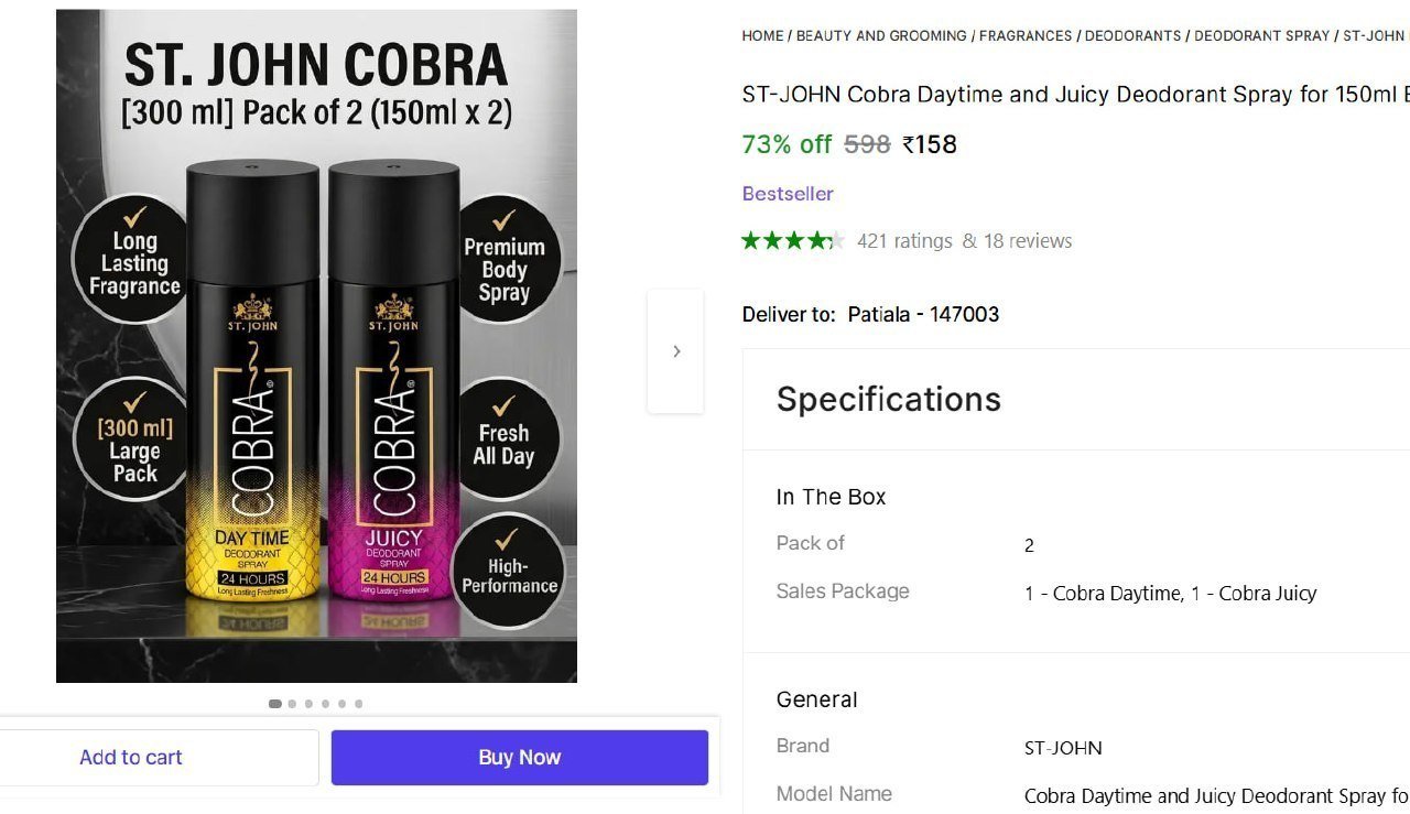 Cobra Deodorant Spray 150ml Each 158