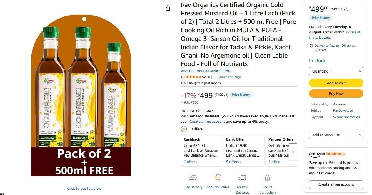 Cold Pressed Mustard Oil 1 Ltr (pack Of 2) 50
