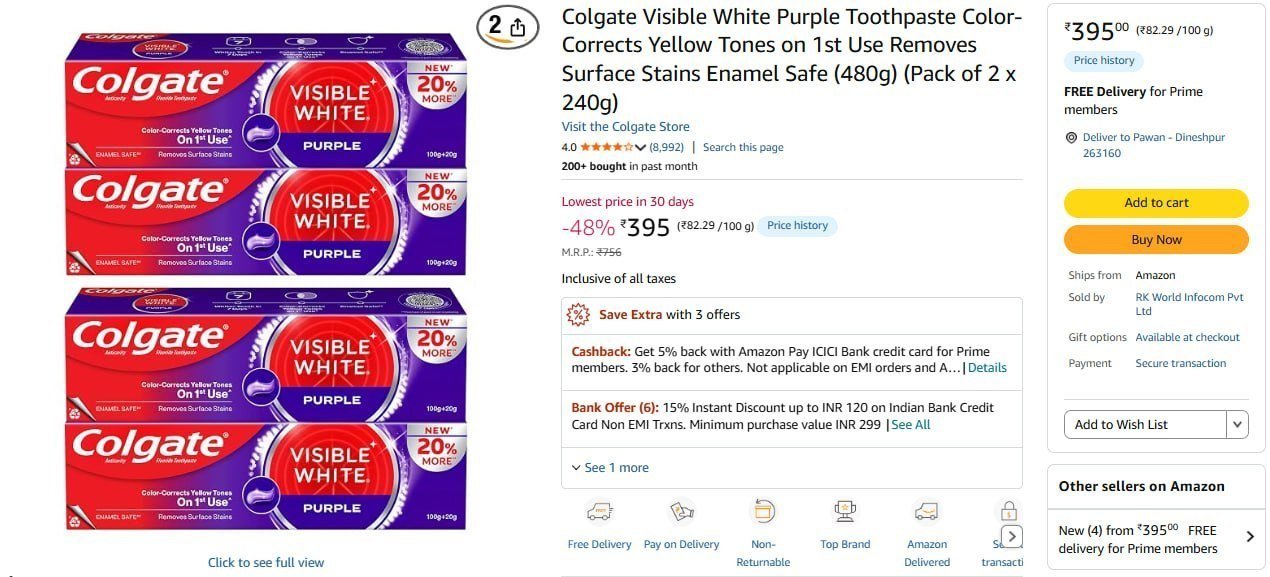 Colgate Visible White Purple Toothpaste (pack