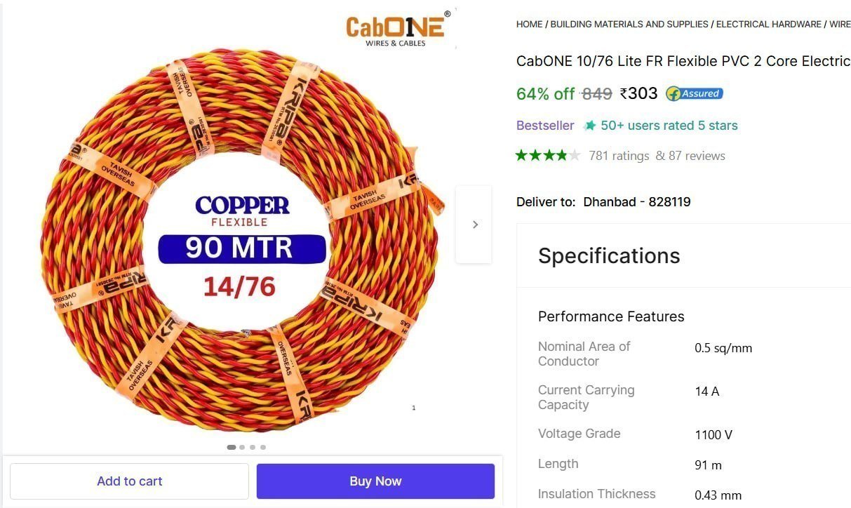 Copper Wire 2 Core Electric Wire 90 Mtr 303