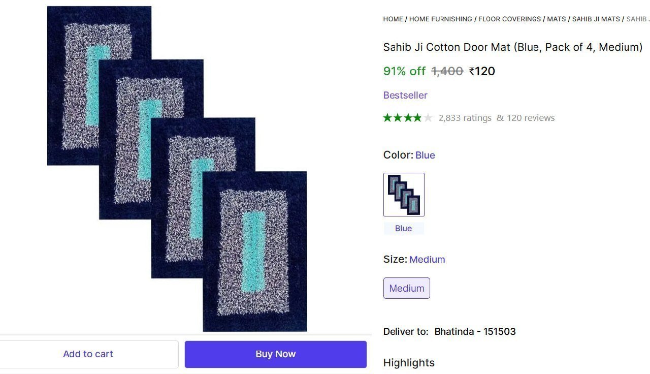 Cotton Door Mat (pack Of 4) At 120