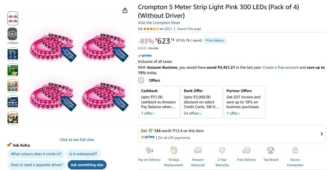 Crompton 5 Meter Strip Light Pink 300 Leds (pack O